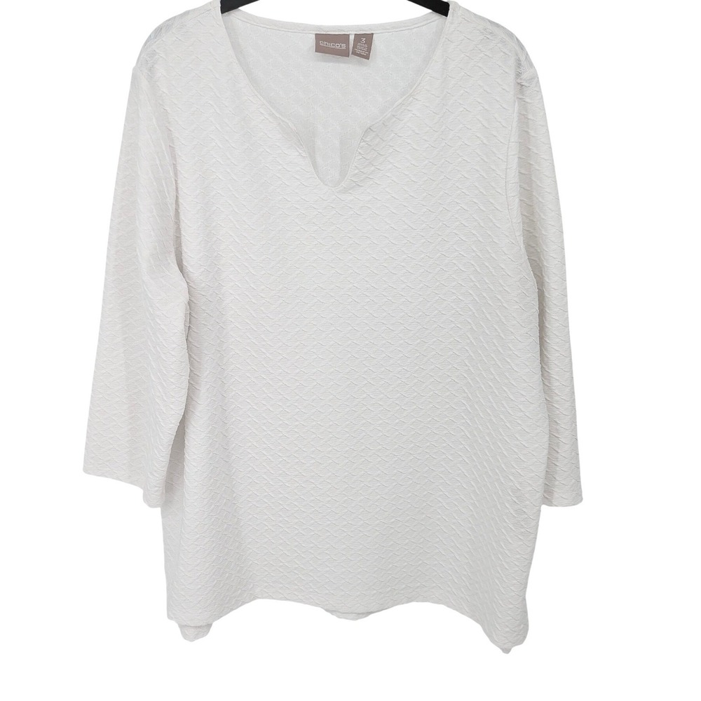 Chicos Tunic Top XL White Textured Knit V-Neck 3/4 Sleeve Minimalist Casual